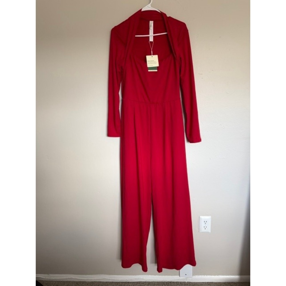 Halara Red Cloudful Air Sweetheart Long Sleeve Cut Out Back Wide Leg Jumpsuit
